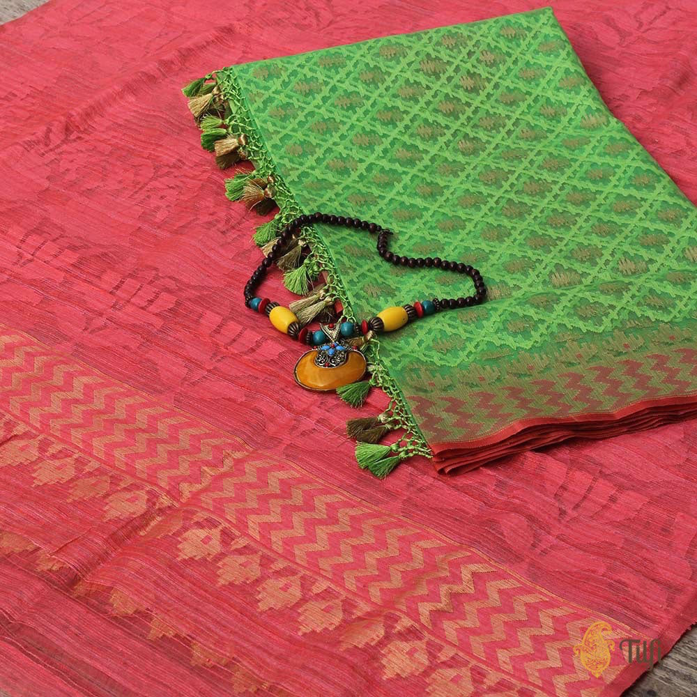 Green Pure Kora Net Dupatta &amp; Punch Pink Pure Dupion Silk Net Fabric Set
