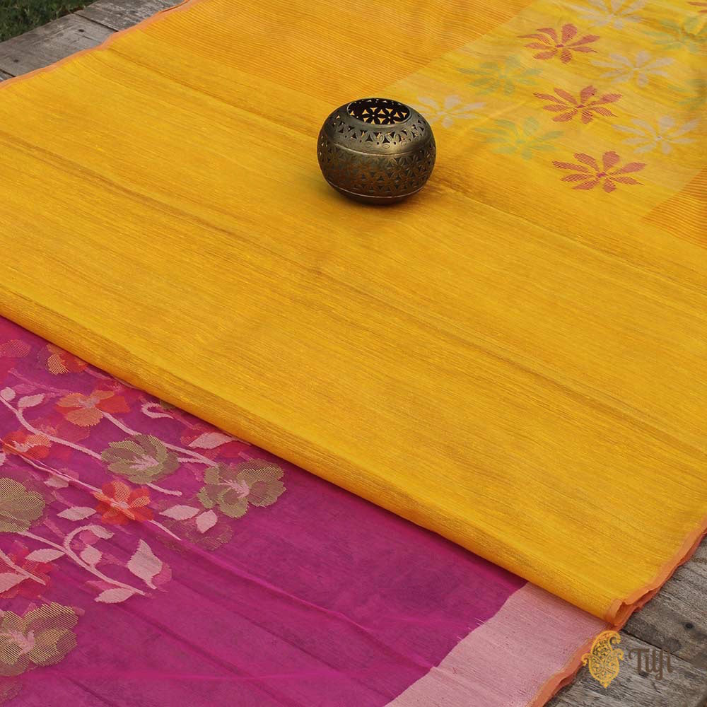 Pink Pure Kora Net Dupatta &amp; Yellow Pure Dupion Silk Fabric Set