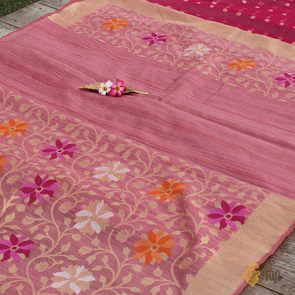 Rani Pink Pure Kora Net Dupatta &amp; Gajri Pink Pure Dupion Silk Fabric Set