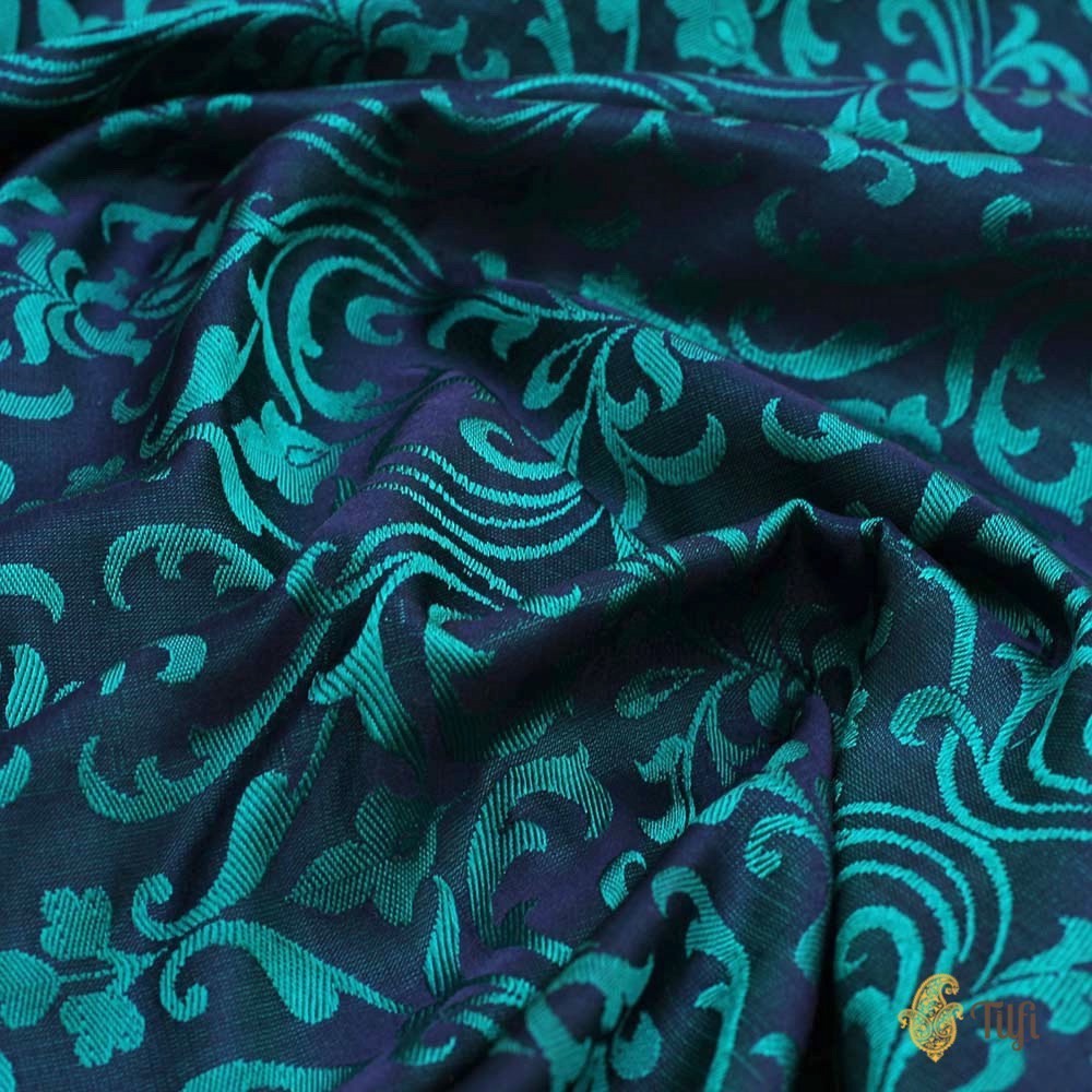 Grey Pure Katan Silk Dupatta &amp; Navy Blue-Peacock Blue Katan Silk Fabric