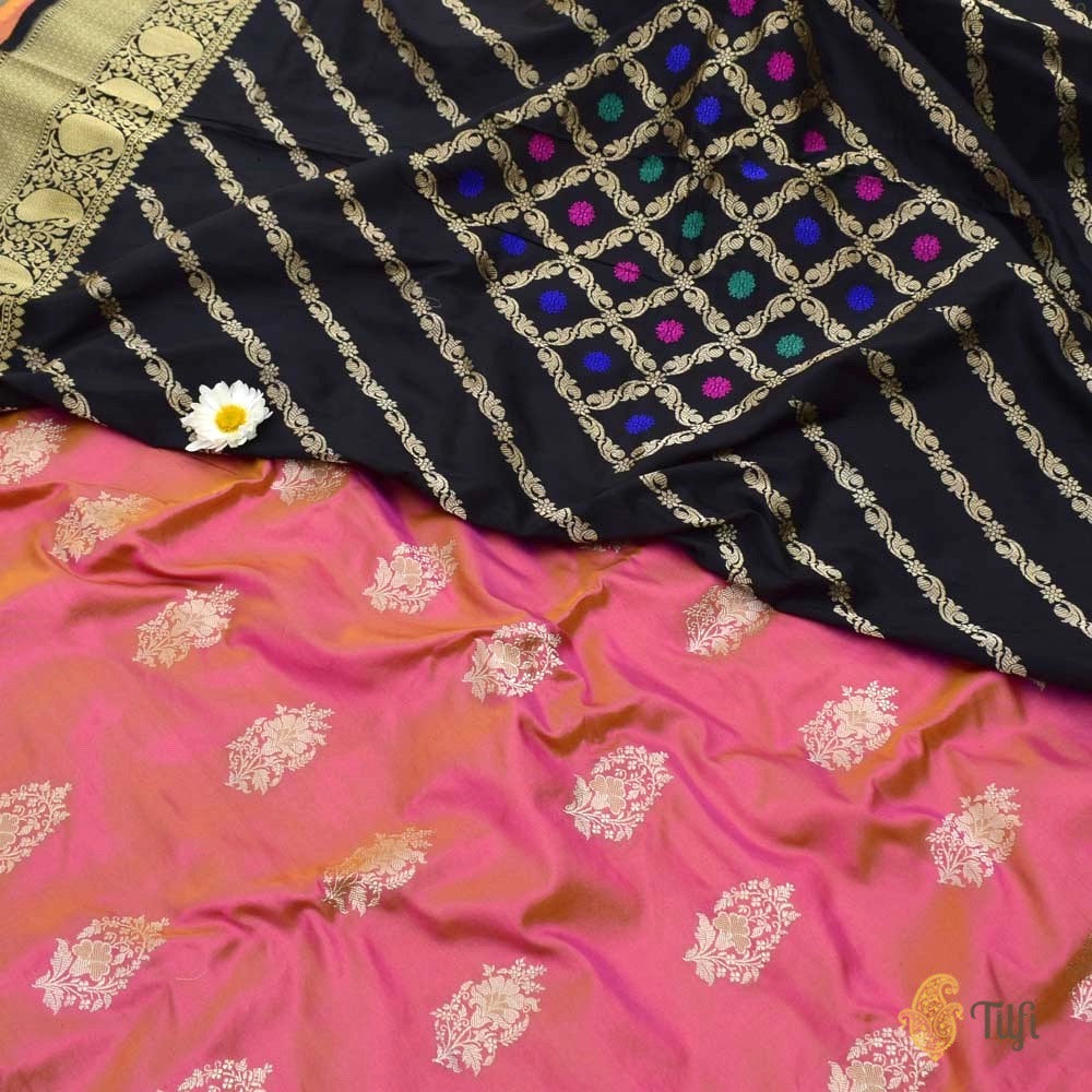 Black Pure Katan Silk Dupatta &amp; Yellow-Gulabi Pink Pure Katan Silk Fabric