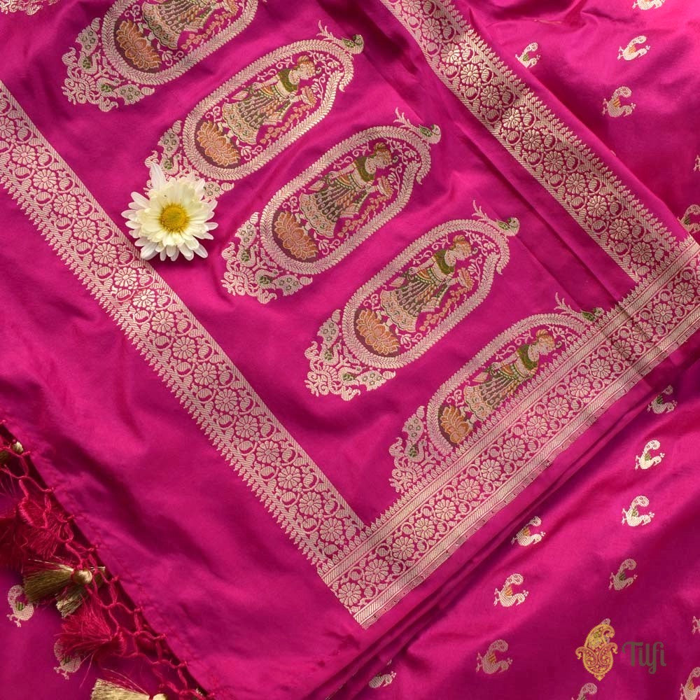 Parrot Green Pure Katan Silk Dupatta &amp; Rani Pink Pure Katan Silk Fabric