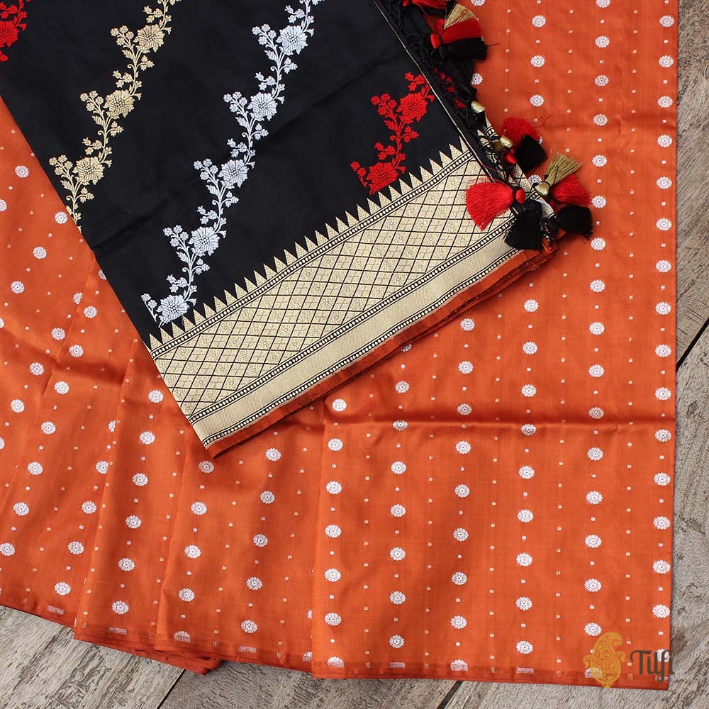 Black Pure Katan Silk Dupatta &amp; Rust Orange Pure Katan Silk Fabric