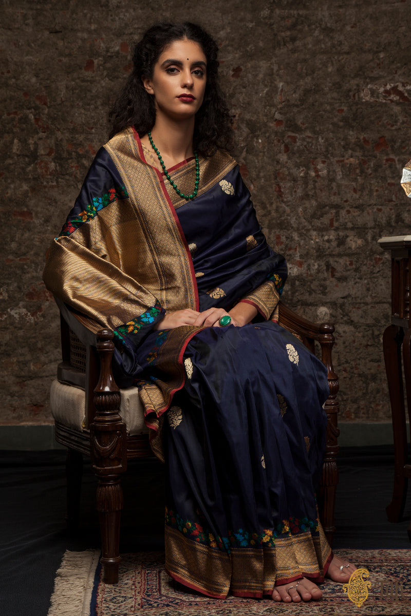 &#39;Nalini&#39; Navy Blue Pure Katan Silk Banarasi Handloom Saree