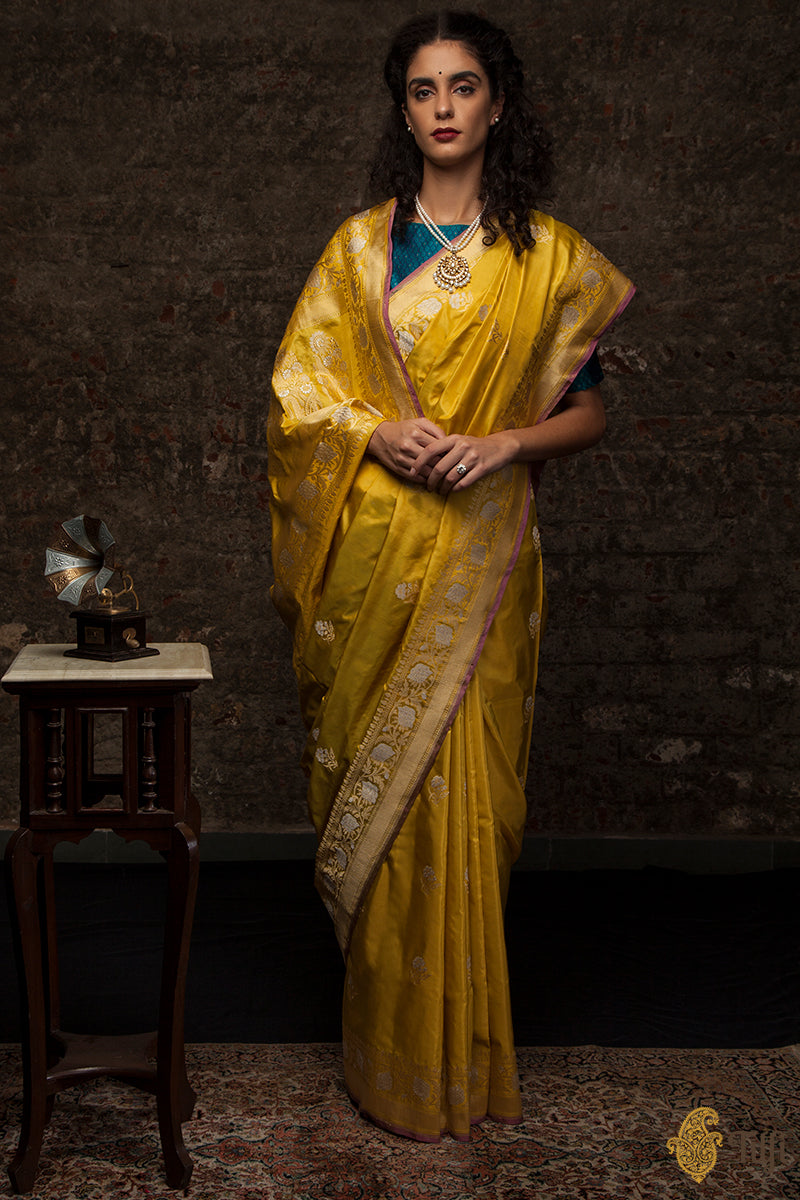 &#39;Pankaja&#39; Mustard Pure Katan Silk Banarasi Handloom Saree