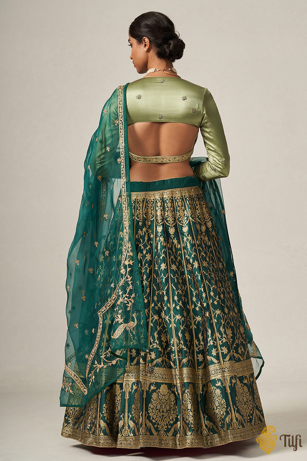 &#39;Indira&#39; Green Pure Katan Silk Banarasi Handloom Lehenga Set