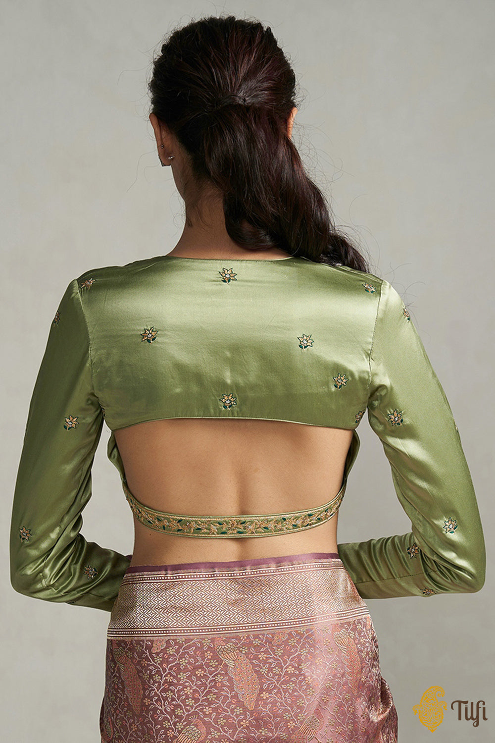 Sage Green Satin Silk Hand-embroidered Blouse