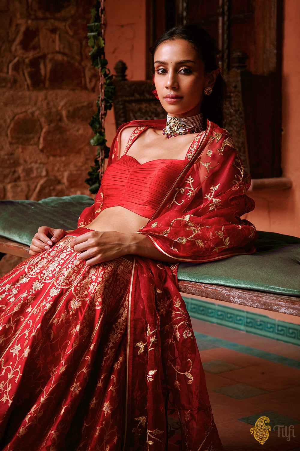 &#39;Indira&#39; Red Pure Katan Silk Banarasi Handloom Lehenga Set