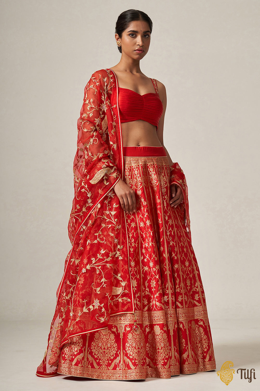 &#39;Indira&#39; Red Pure Katan Silk Banarasi Handloom Lehenga Set