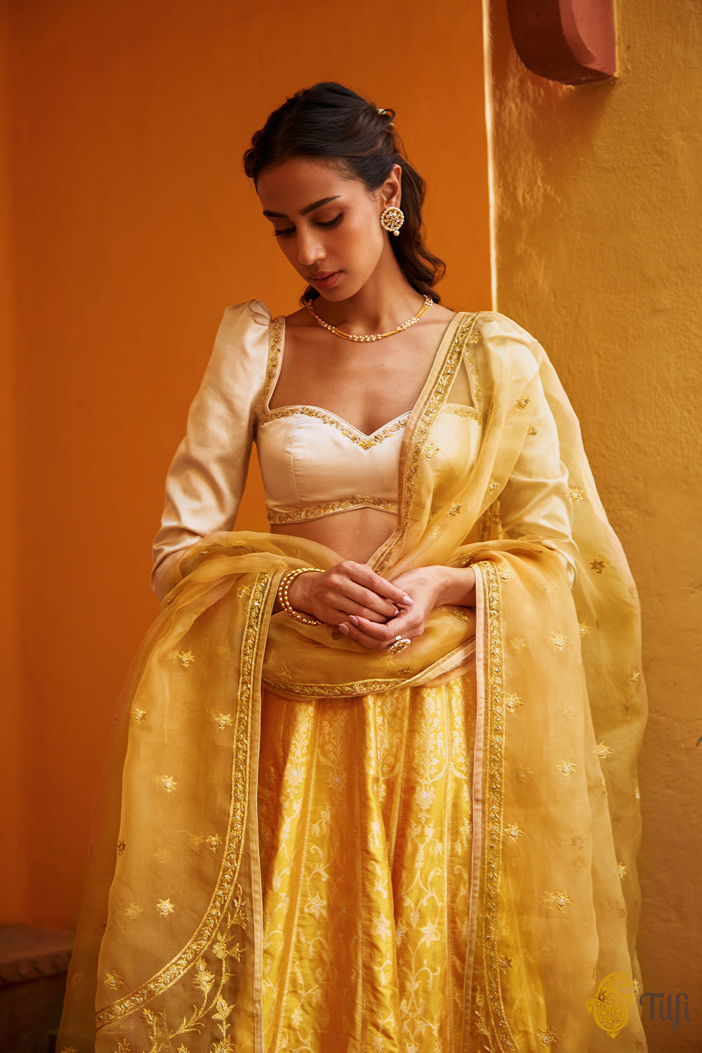 &#39;Indira&#39; Yellow Pure Katan Silk Banarasi Handloom Lehenga Set