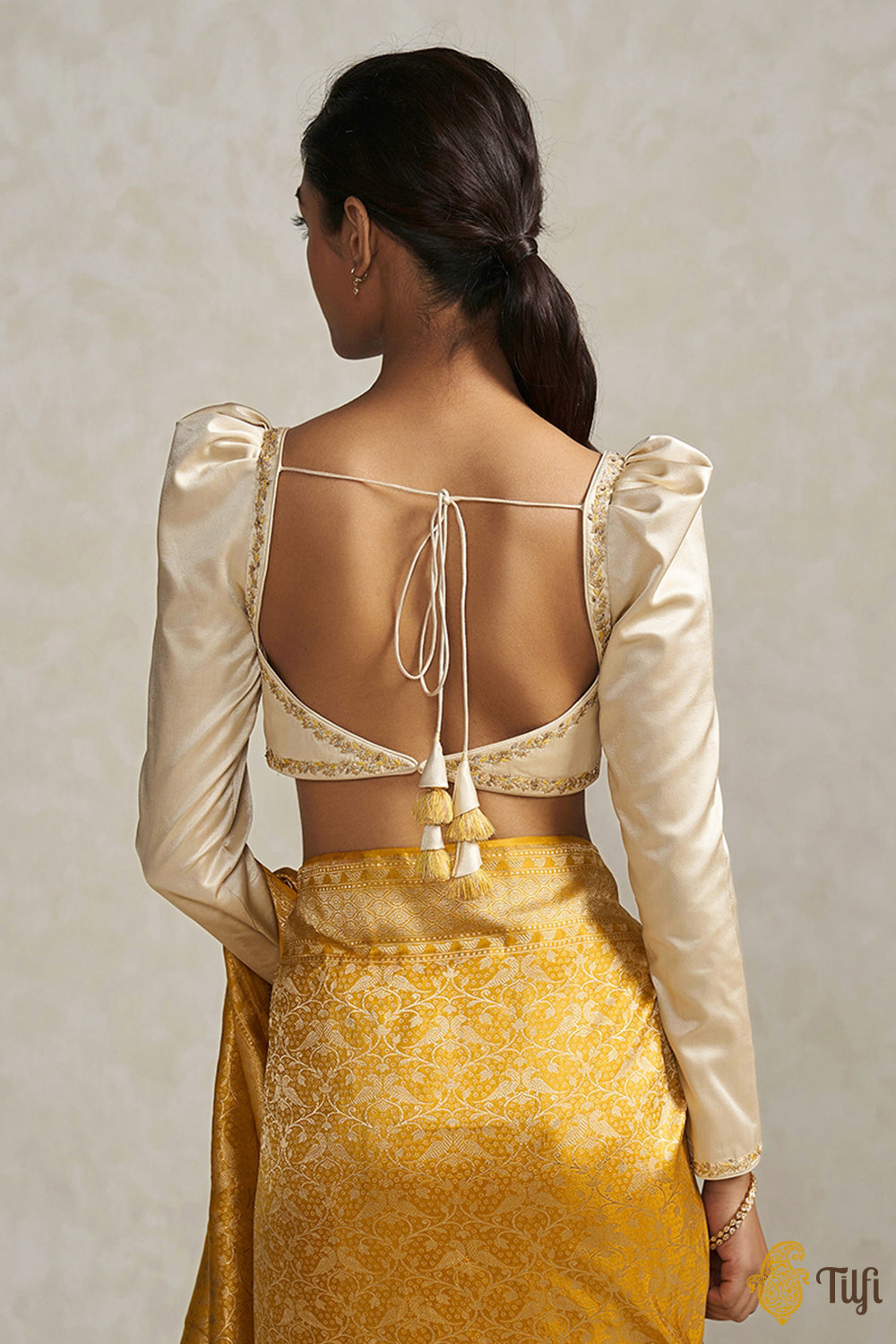 Cream Satin Silk Hand-embroidered Blouse