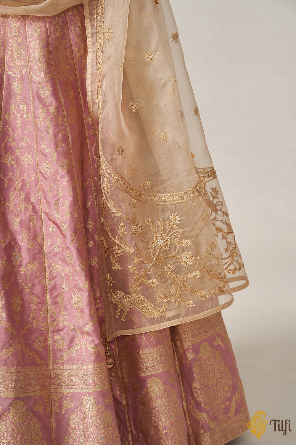 &#39;Indira&#39; Old Rose Pink Pure Katan Silk Banarasi Handloom Lehenga Set