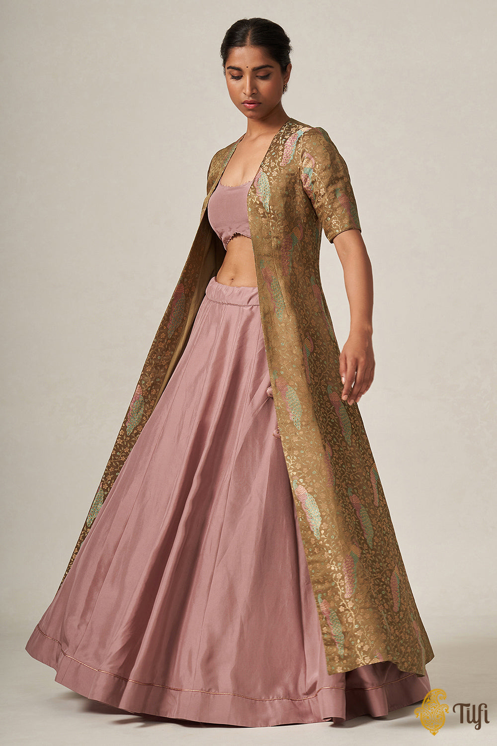 &#39;Lakshmi&#39; Olive-Dusty Pink Pure Silk Handloom Brocade Jacket Skirt Set