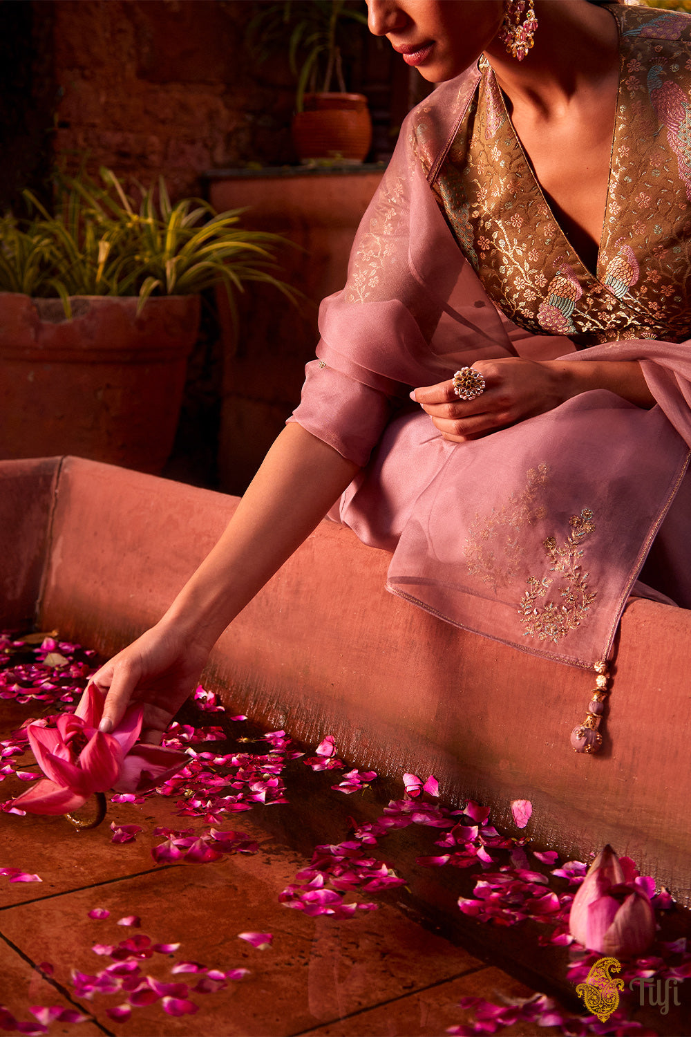 &#39;Lakshmi&#39; Olive-Dusty Pink Pure Silk Lehenga Set