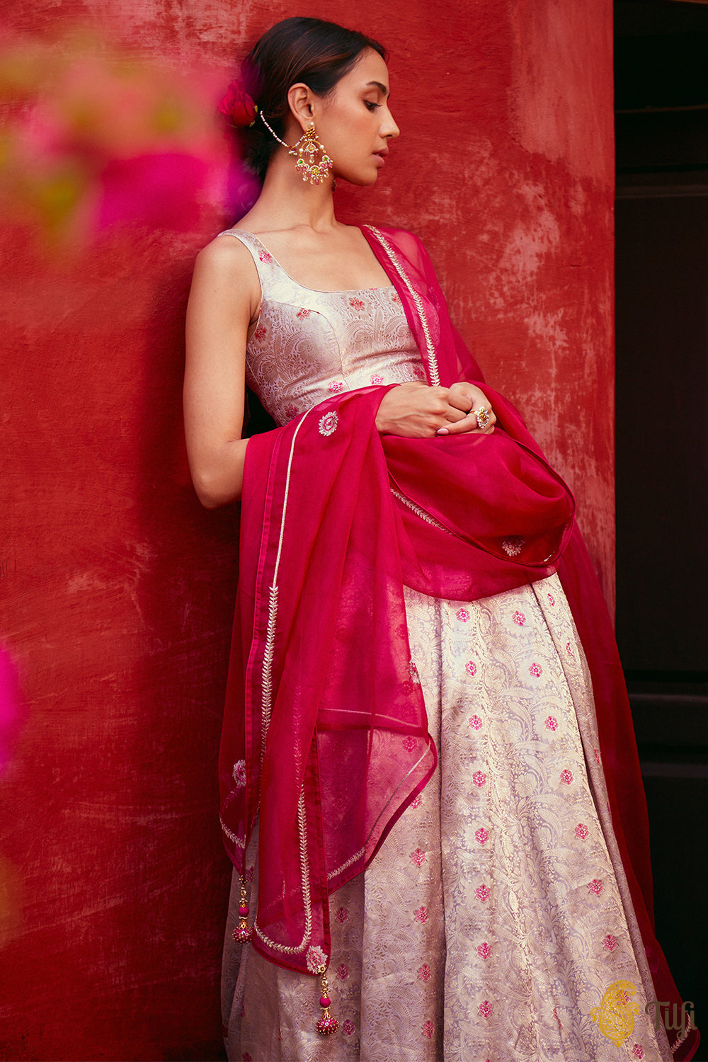 &#39;Santoshi&#39; Light Pink Pure Katan Silk Brocade Handloom Lehenga Set