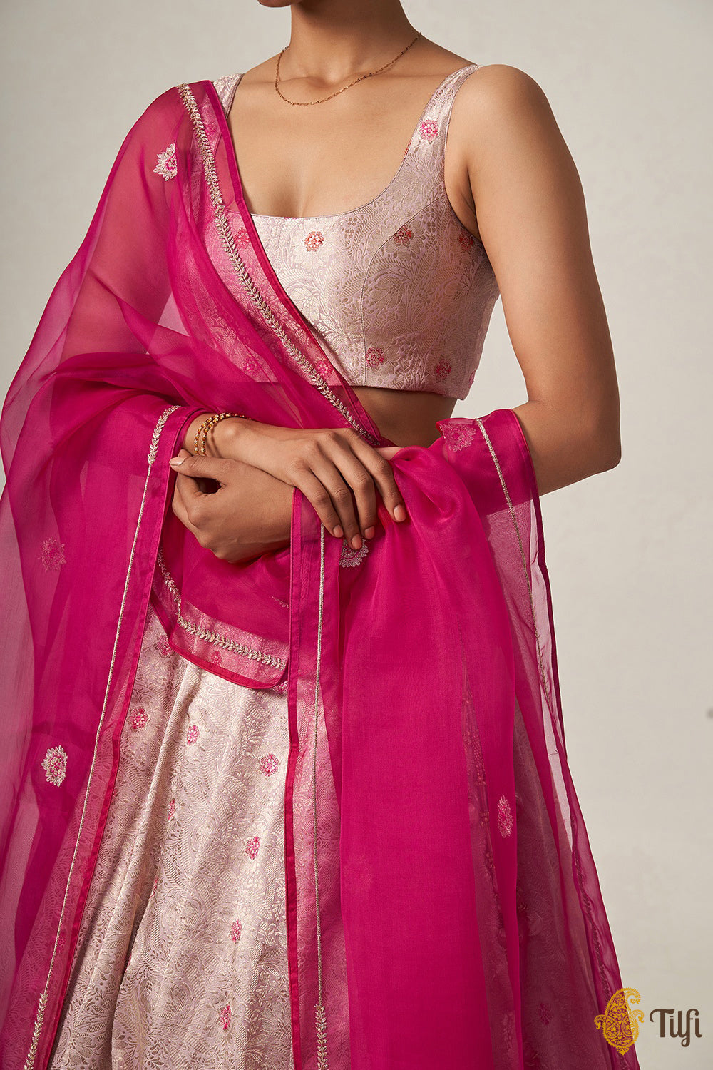 &#39;Santoshi&#39; Light Pink Pure Katan Silk Brocade Handloom Lehenga Set