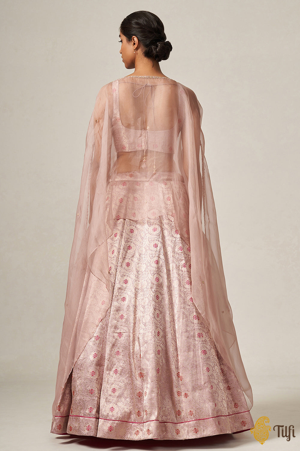&#39;Santoshi&#39; Light Pink Pure Katan Silk Brocade Handloom Lehenga Cape Set