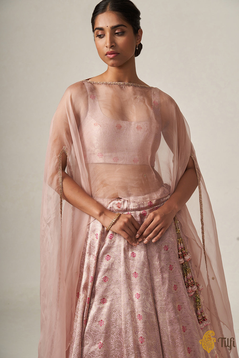 &#39;Santoshi&#39; Light Pink Pure Katan Silk Brocade Handloom Lehenga Cape Set