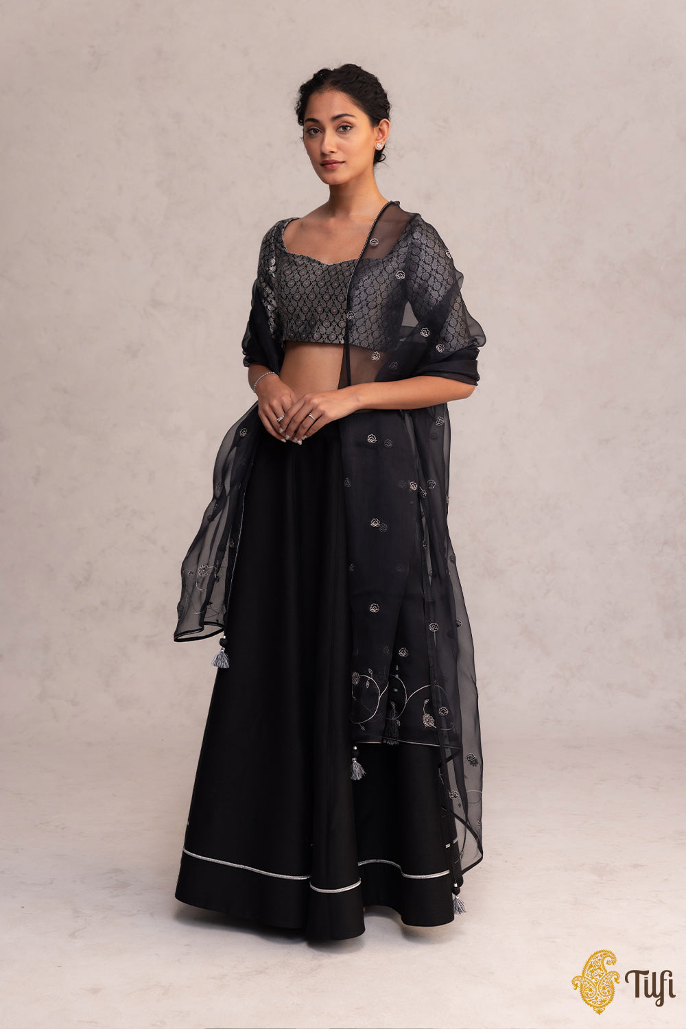 Black Banarasi Handloom Lehenga Set with Hand-embroidered Dupatta