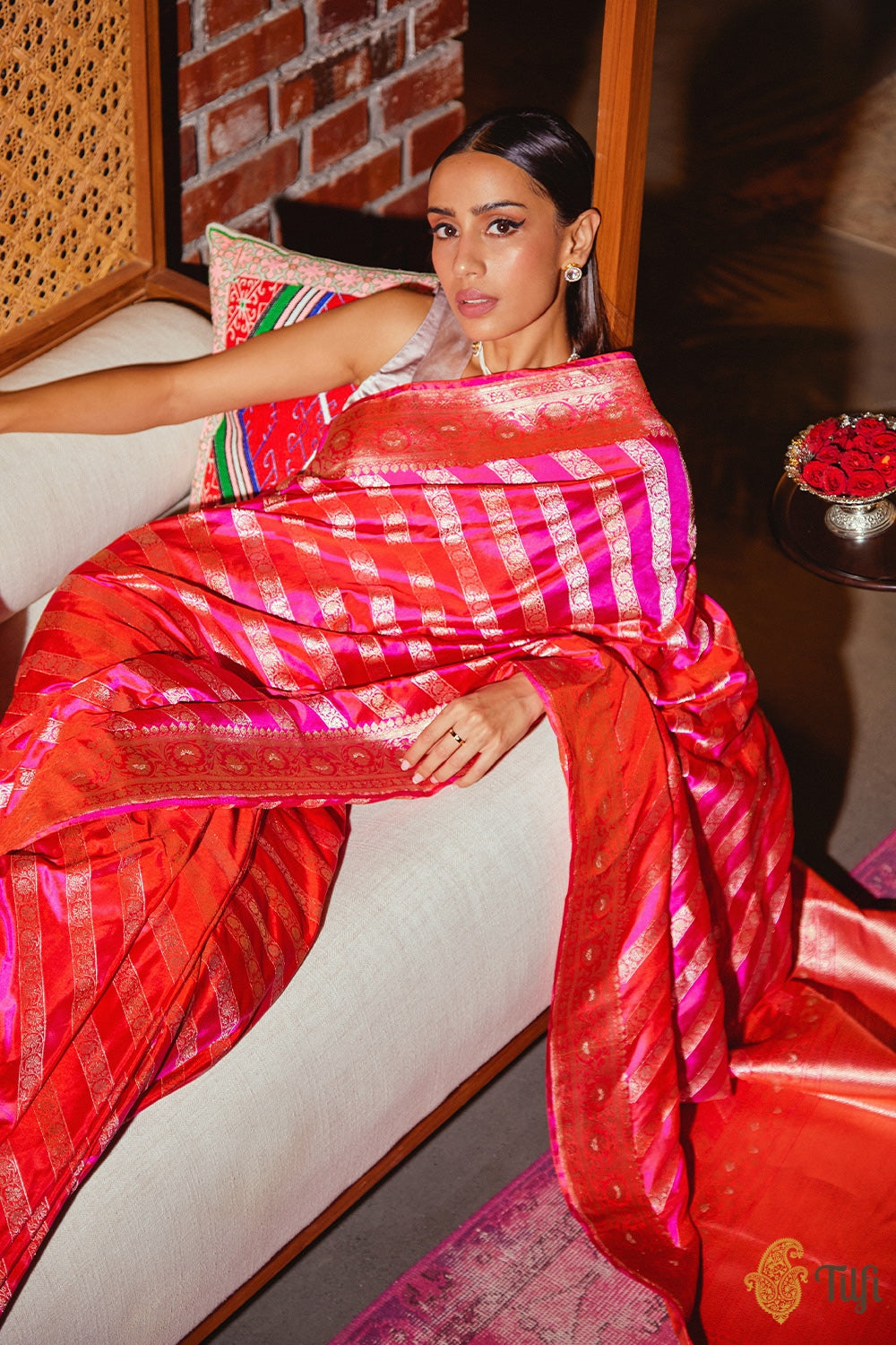 &#39;Hasanthi&#39; Orange-Pink Pure Katan Silk Banarasi Handloom Saree