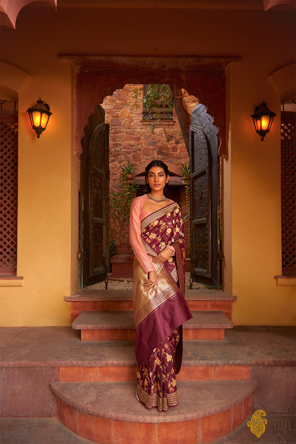 &#39;Juno&#39; Garnet Pure Katan Silk Banarasi Handloom Saree