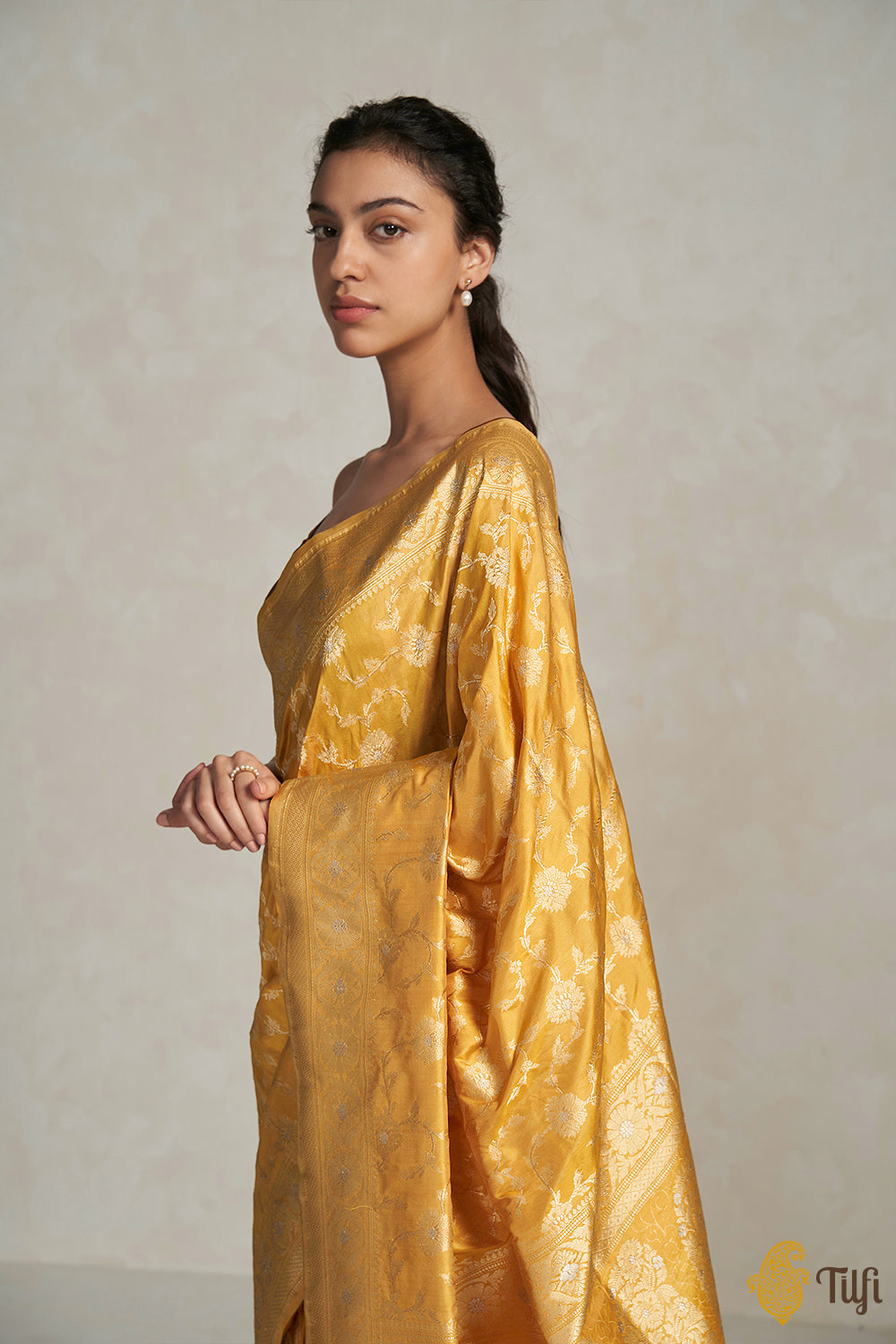 &#39;Arya&#39; Mustard Pure Katan Silk Banarasi Handloom Saree