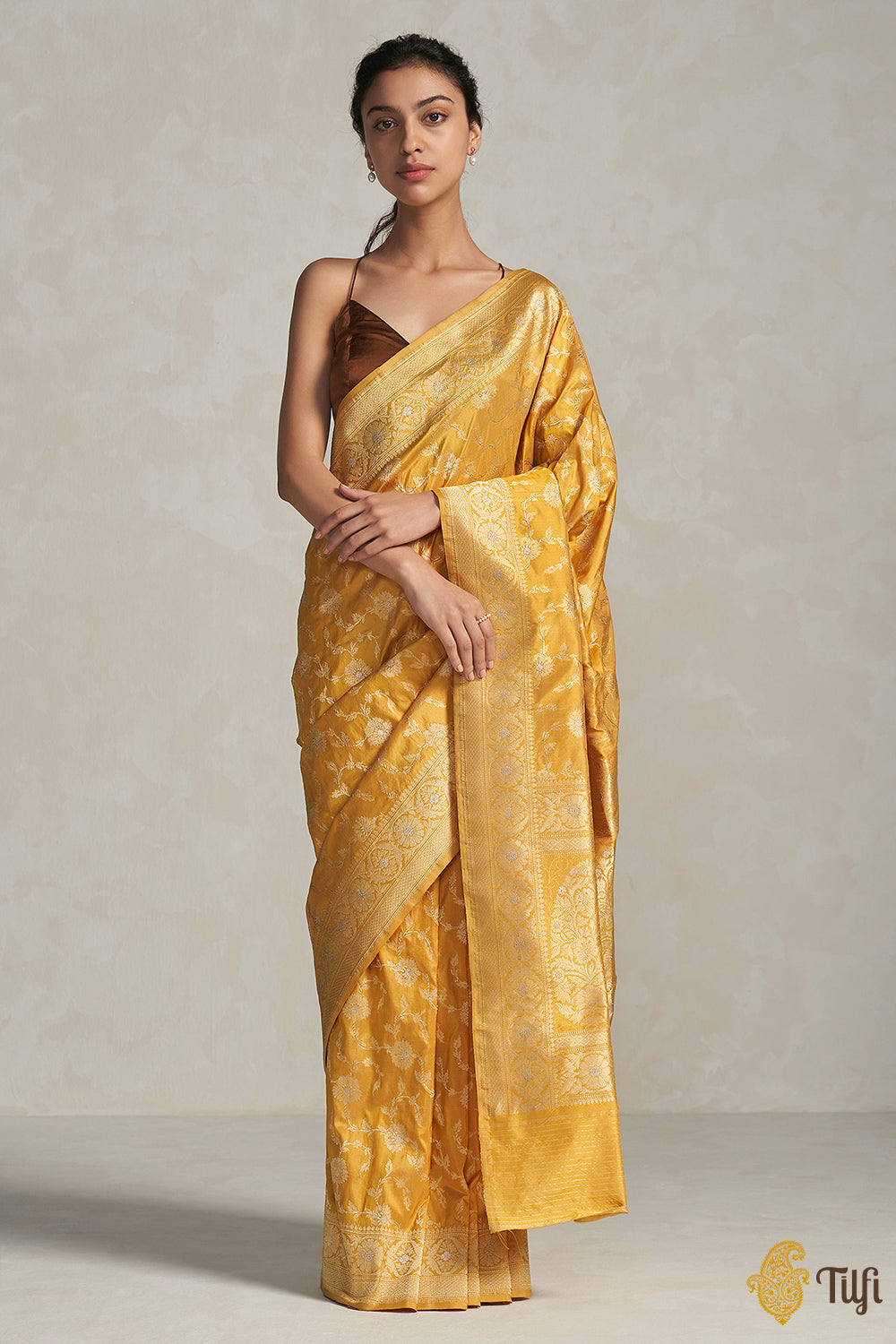 &#39;Arya&#39; Mustard Pure Katan Silk Banarasi Handloom Saree