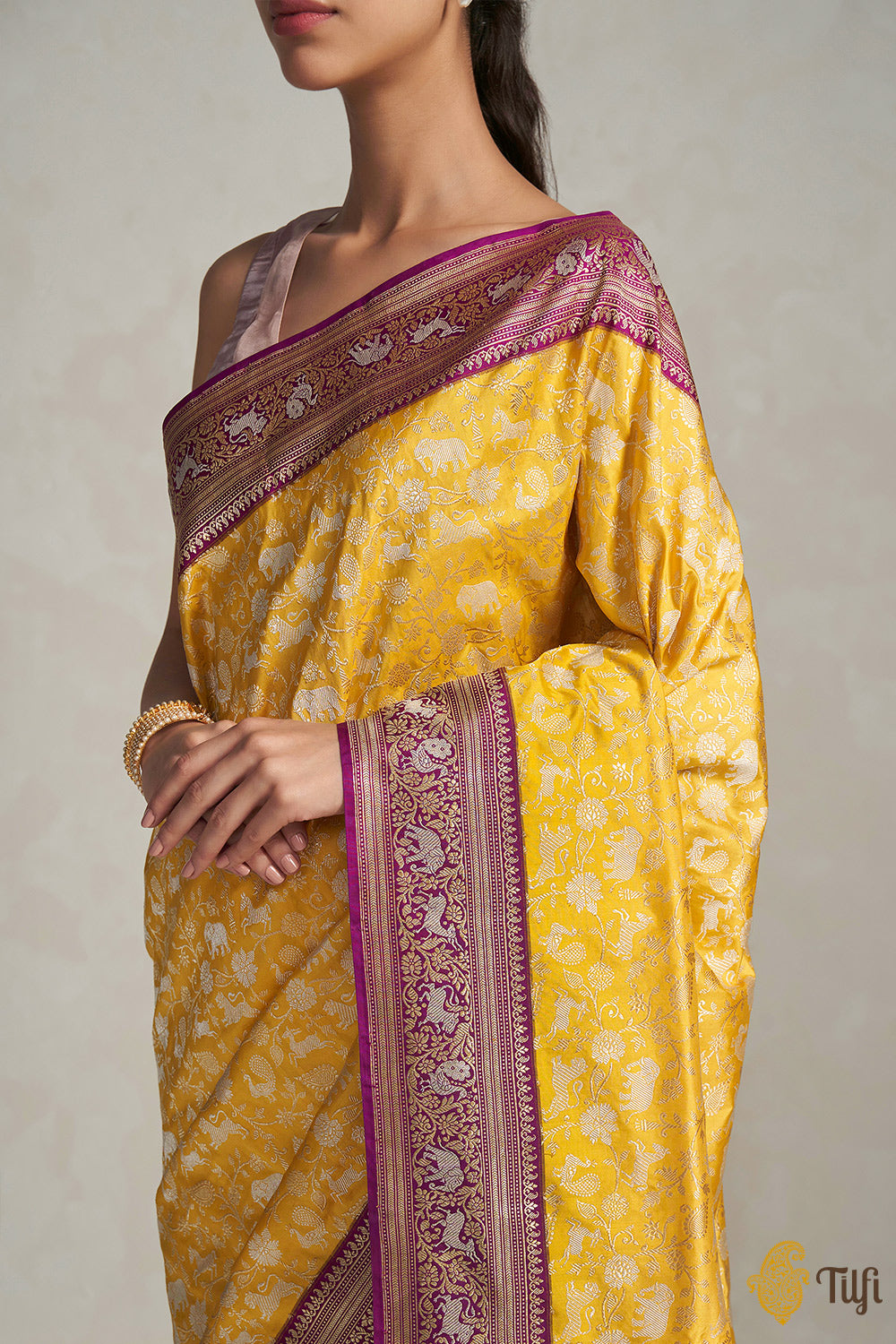 Yellow-Magenta Pure Katan Silk Banarasi Handloom Shikaargah Saree