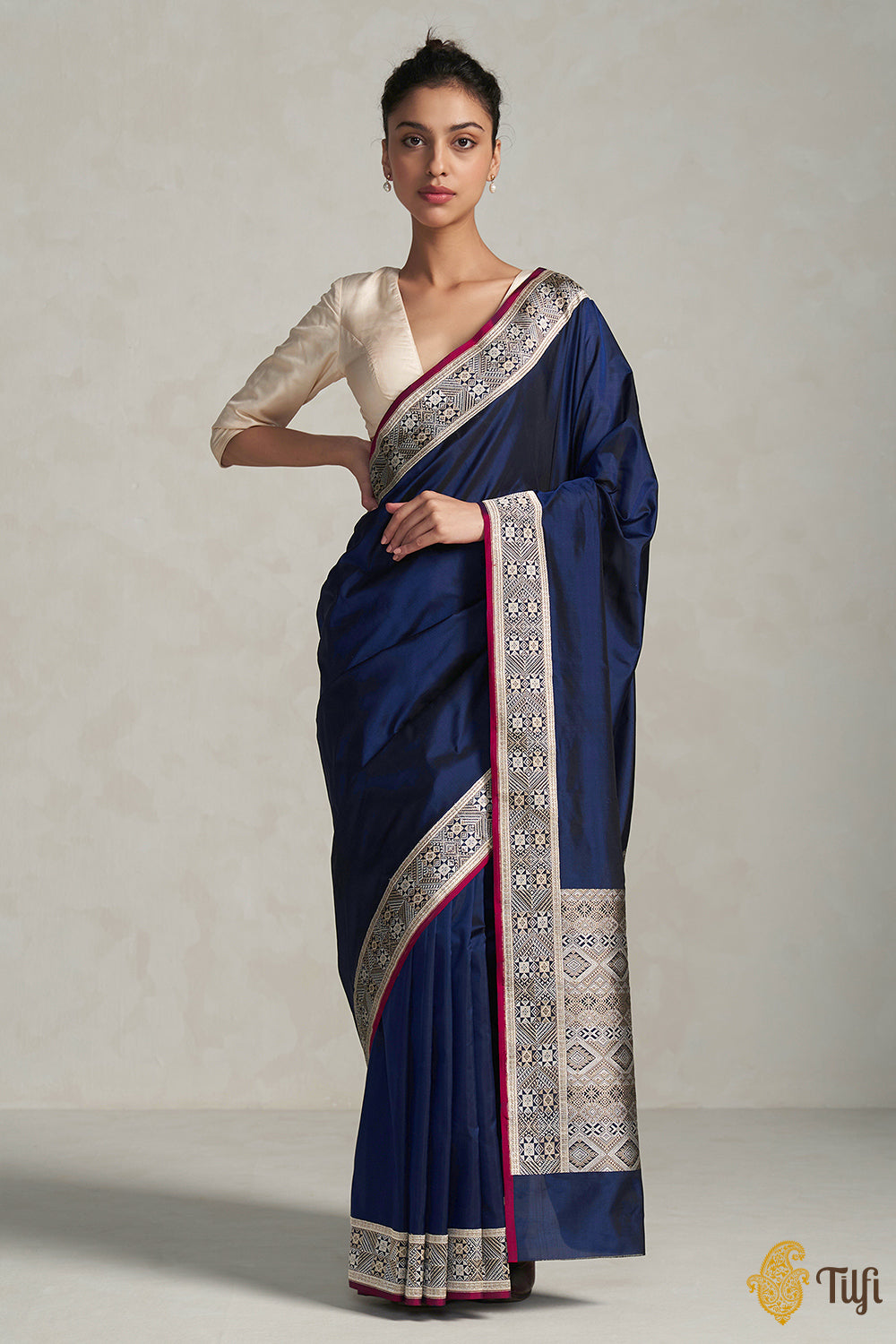 &#39;Deepali&#39; Midnight Blue Pure Katan Silk Banarasi Handloom Saree