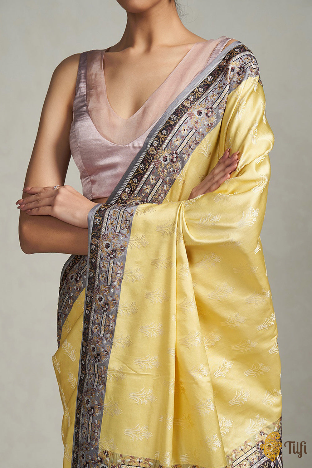 Pastel Yellow Pure Soft Satin Silk Banarasi Handloom Saree
