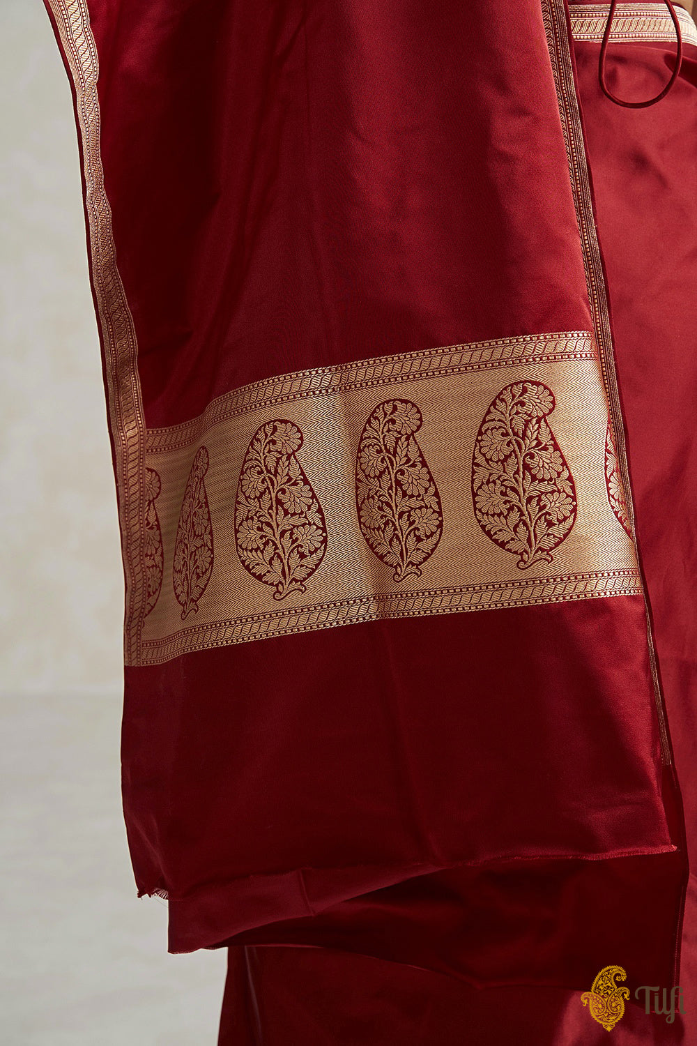 Deep Red Pure Soft Satin Silk Banarasi Handloom Saree