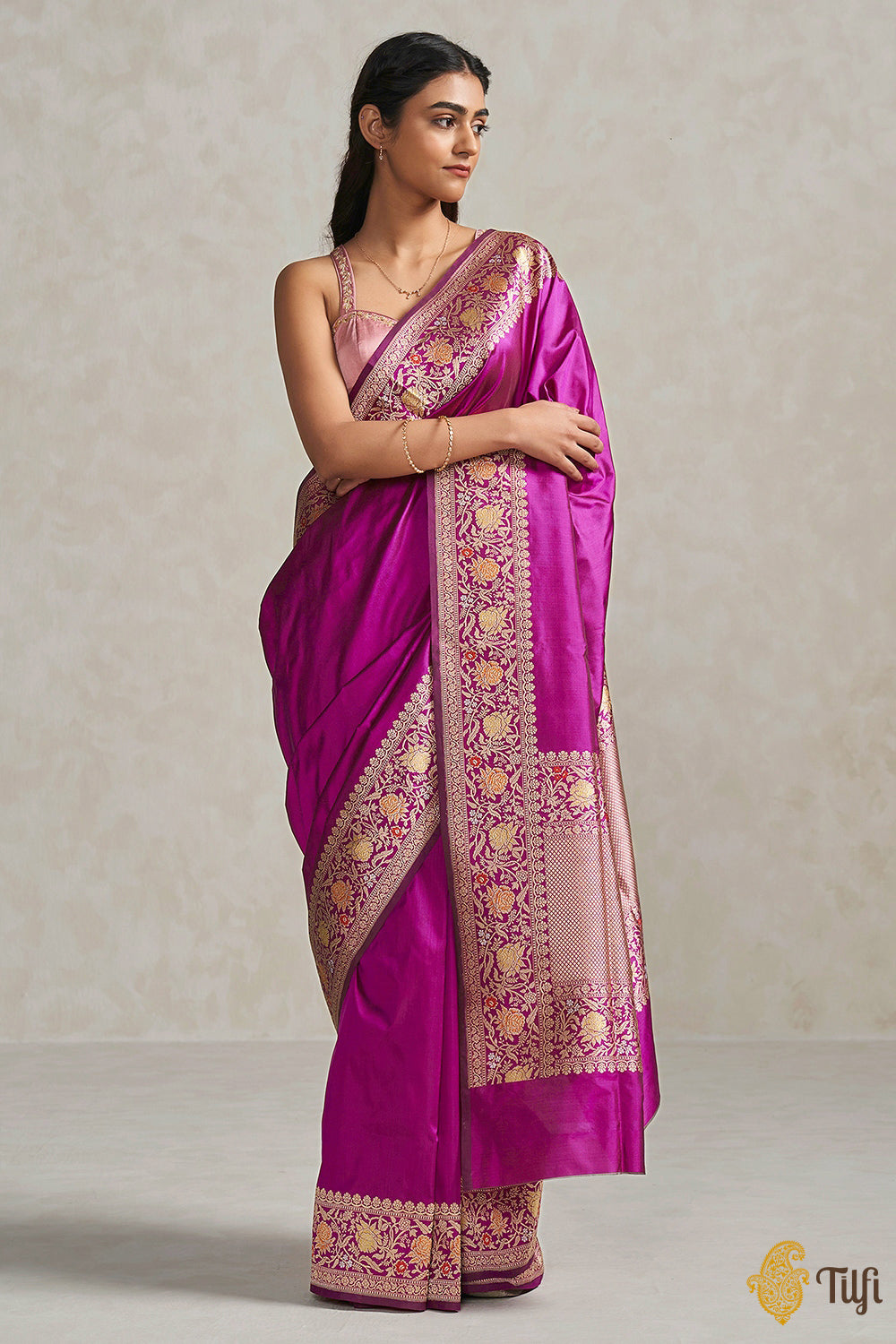 Brown-Rani Pink Pure Katan Silk Banarasi Handloom Saree