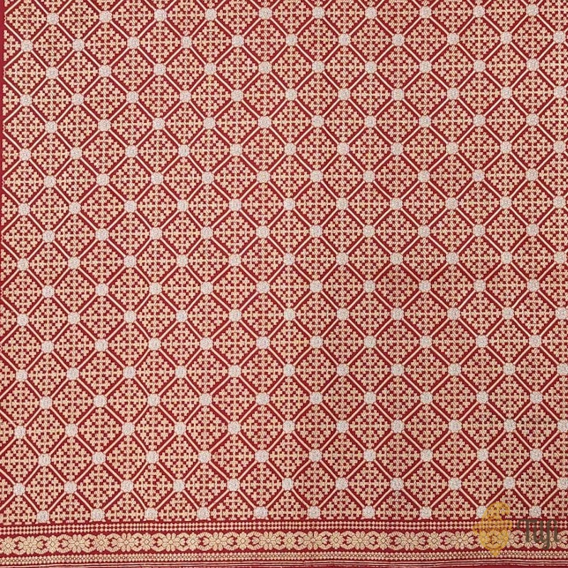 &#39;Preshti&#39; Deep Red Pure Soft Satin Silk Banarasi Handloom Saree