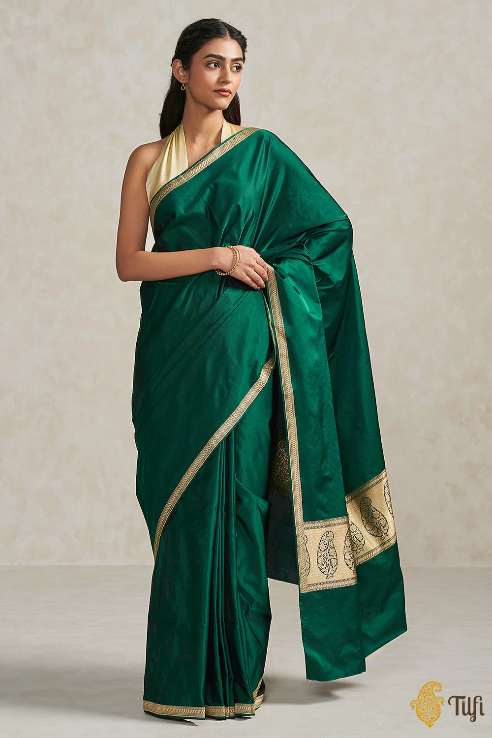 Dark Green Pure Soft Satin Silk Banarasi Handloom Saree