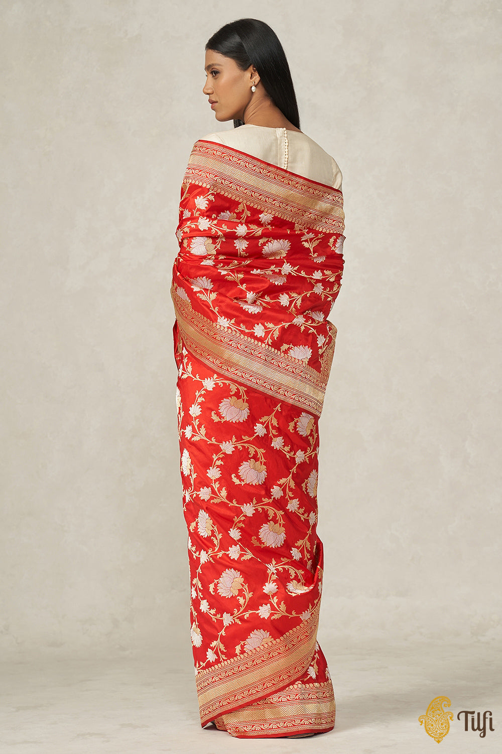 &#39;Menaka&#39; Red Pure Katan Silk Banarasi Handloom Saree