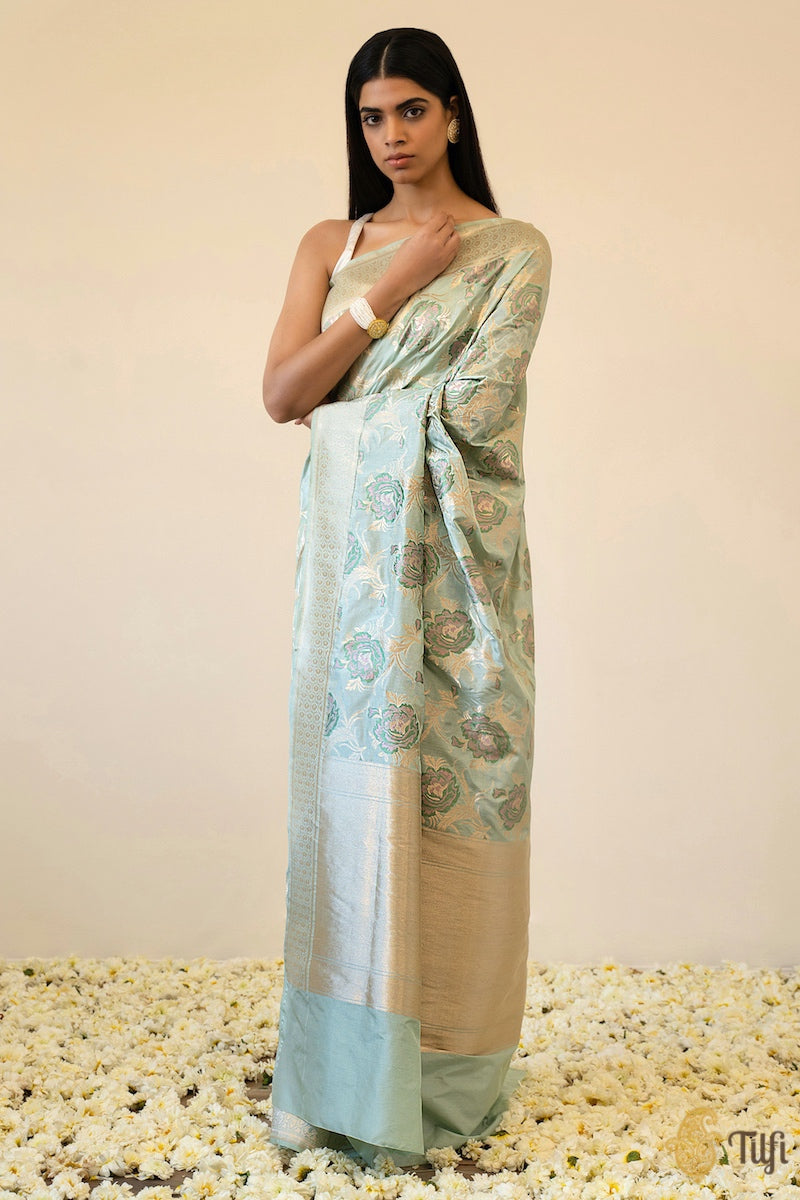 &#39;Bed of Roses&#39; Powder Blue Pure Katan Silk Banarasi Floral Handloom Saree