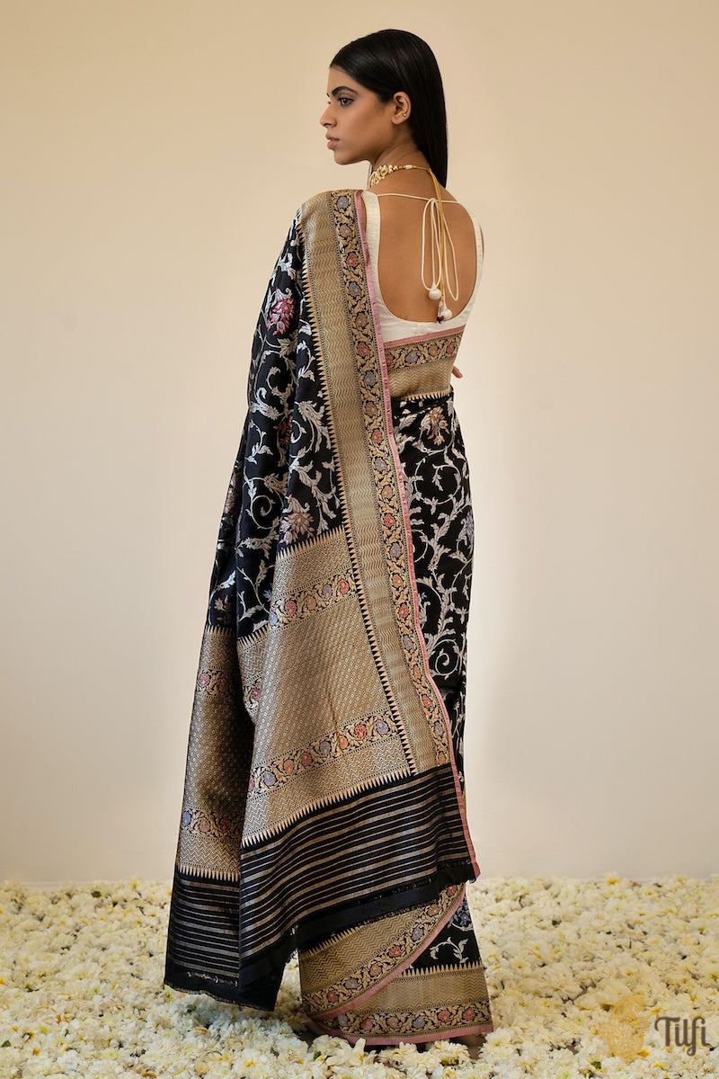 &#39;Romana&#39; Black Pure Katan Silk Banarasi Floral Handloom Saree