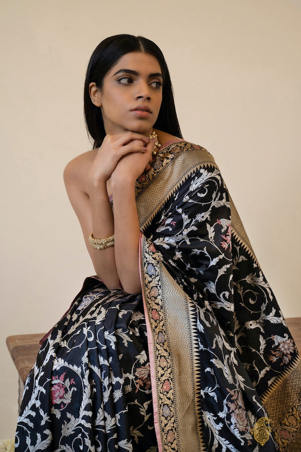 'Romana' Black Pure Katan Silk Banarasi Floral Handloom Saree - Tilfi