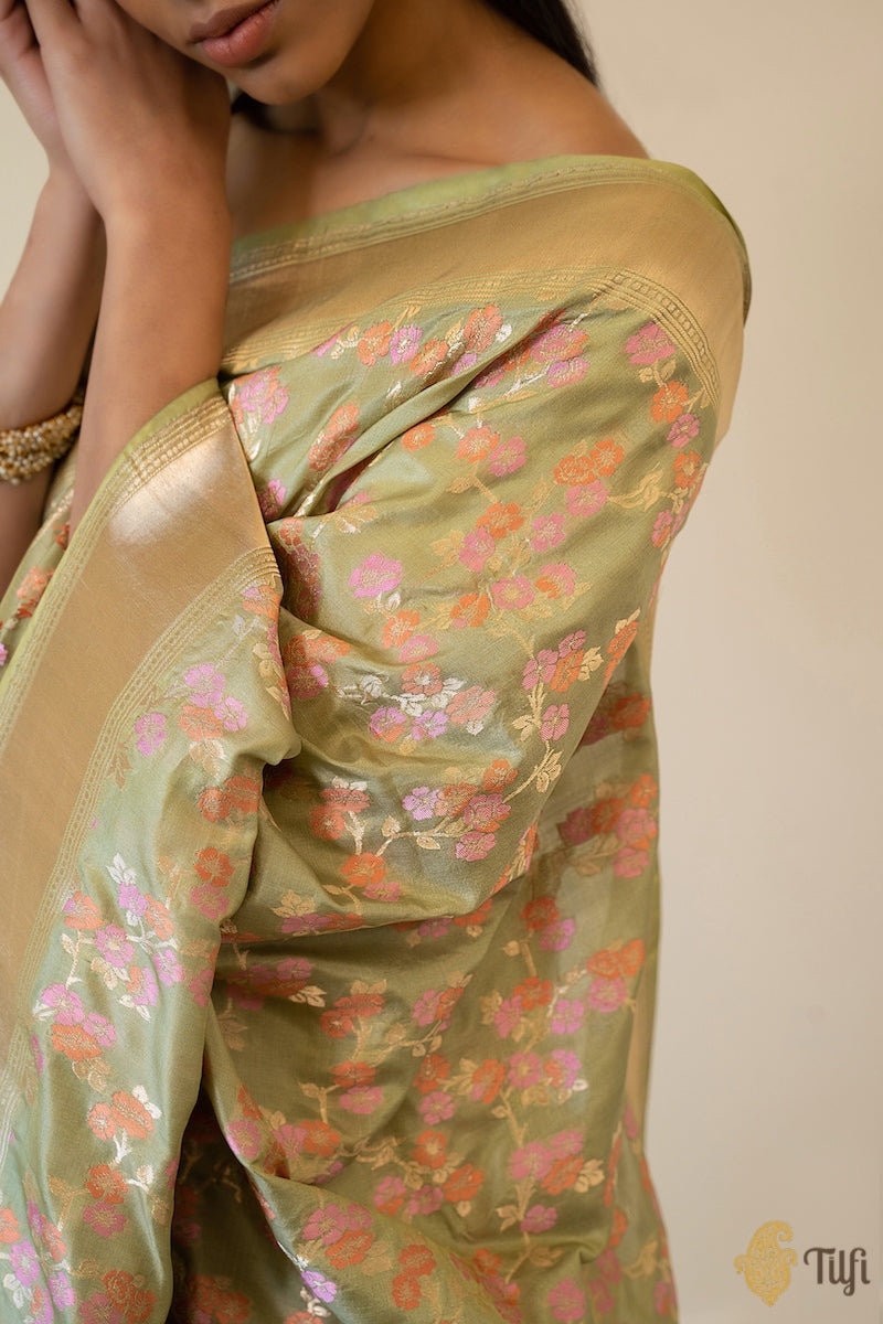 &#39;Cherry Blossoms&#39; Sage Green Pure Katan Silk Banarasi Handloom Saree