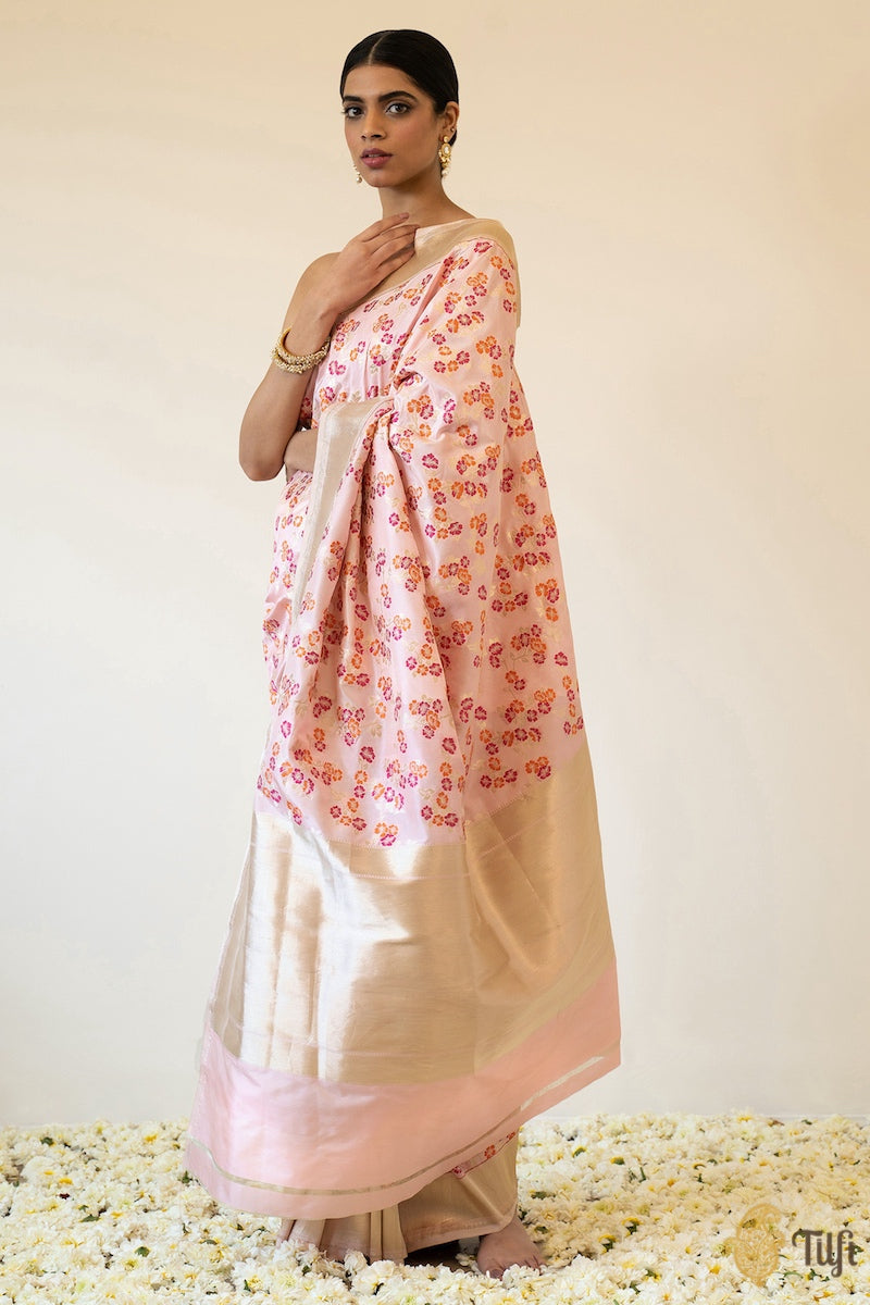 &#39;Cherry Blossoms&#39; Ivory-Pink Pure Katan Silk Banarasi Handloom Saree