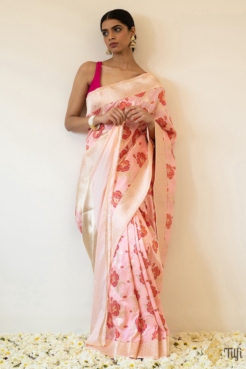 Seematti Silks & Readymades - If you Admire the color Roses 💗 here'a  Beautiful Banarasi saree with a whole body cover with floral leaves. And to  add on a stunning floral pallu