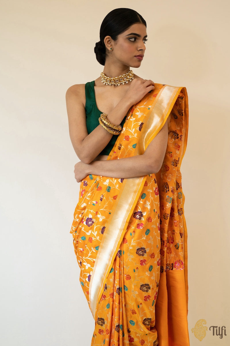 &#39;Bhairavi&#39; Orange Pure Katan Silk Banarasi Handloom Saree