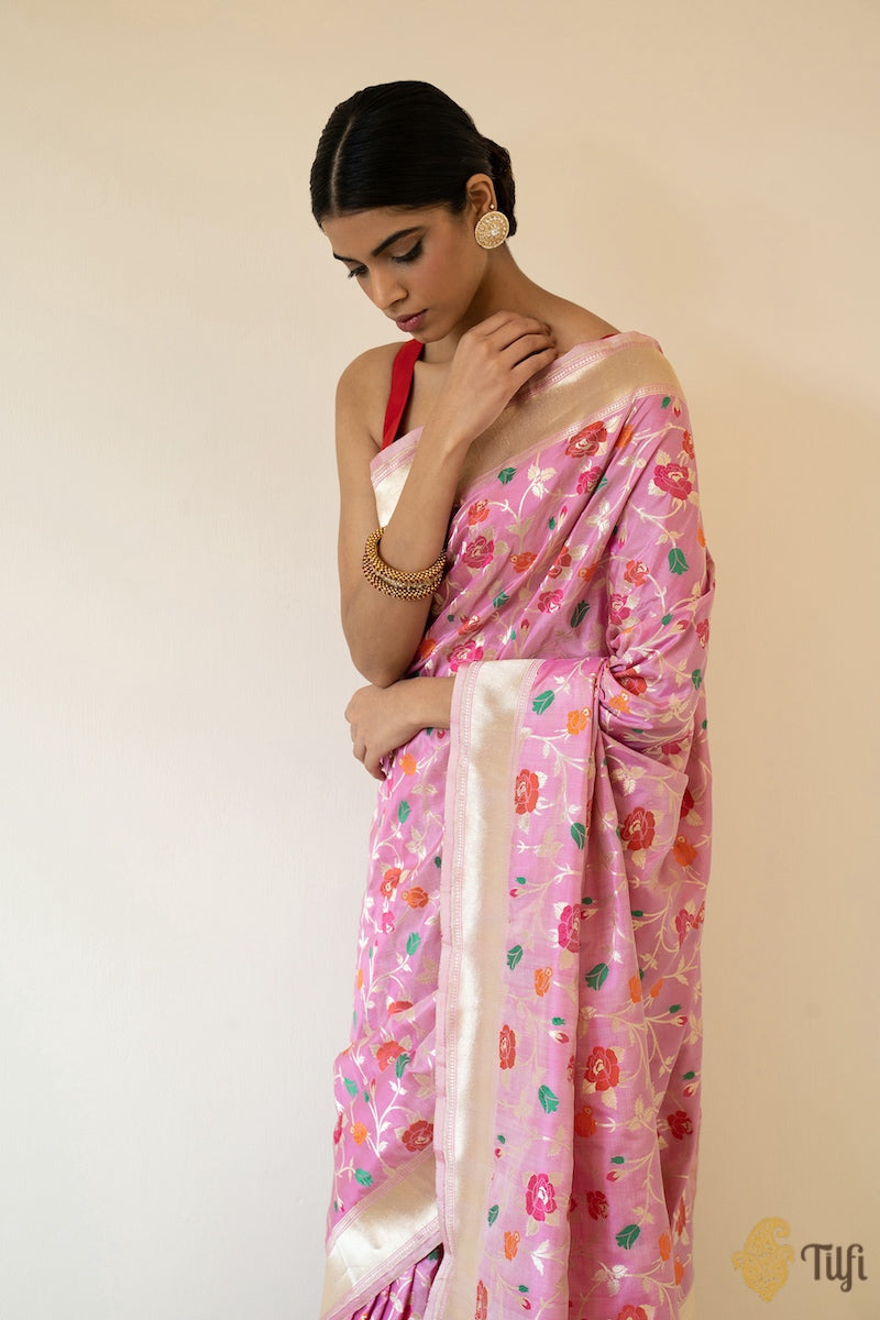&#39;Bhairavi&#39; Ivory-Pink Pure Katan Silk Banarasi Handloom Saree