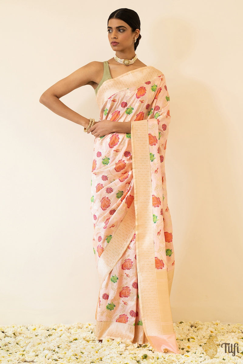 &#39;Adana&#39; Ivory-Pink Pure Katan Silk Banarasi Handloom Saree