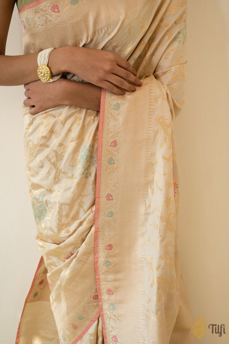 &#39;Romana&#39; Off-White Pure Katan Silk Banarasi Floral Handloom Saree