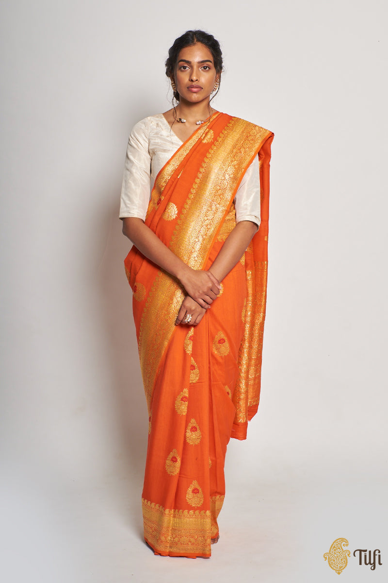 Saffron Orange Pure Monga Silk Banarasi Handloom Saree