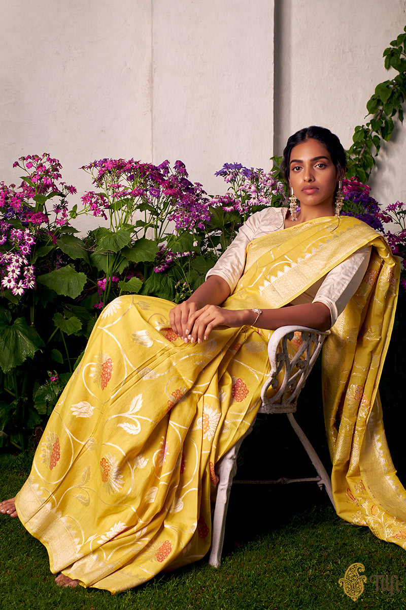 Yellow Chanderi saree with the combination of Madhubani print and blac –  Sujatra