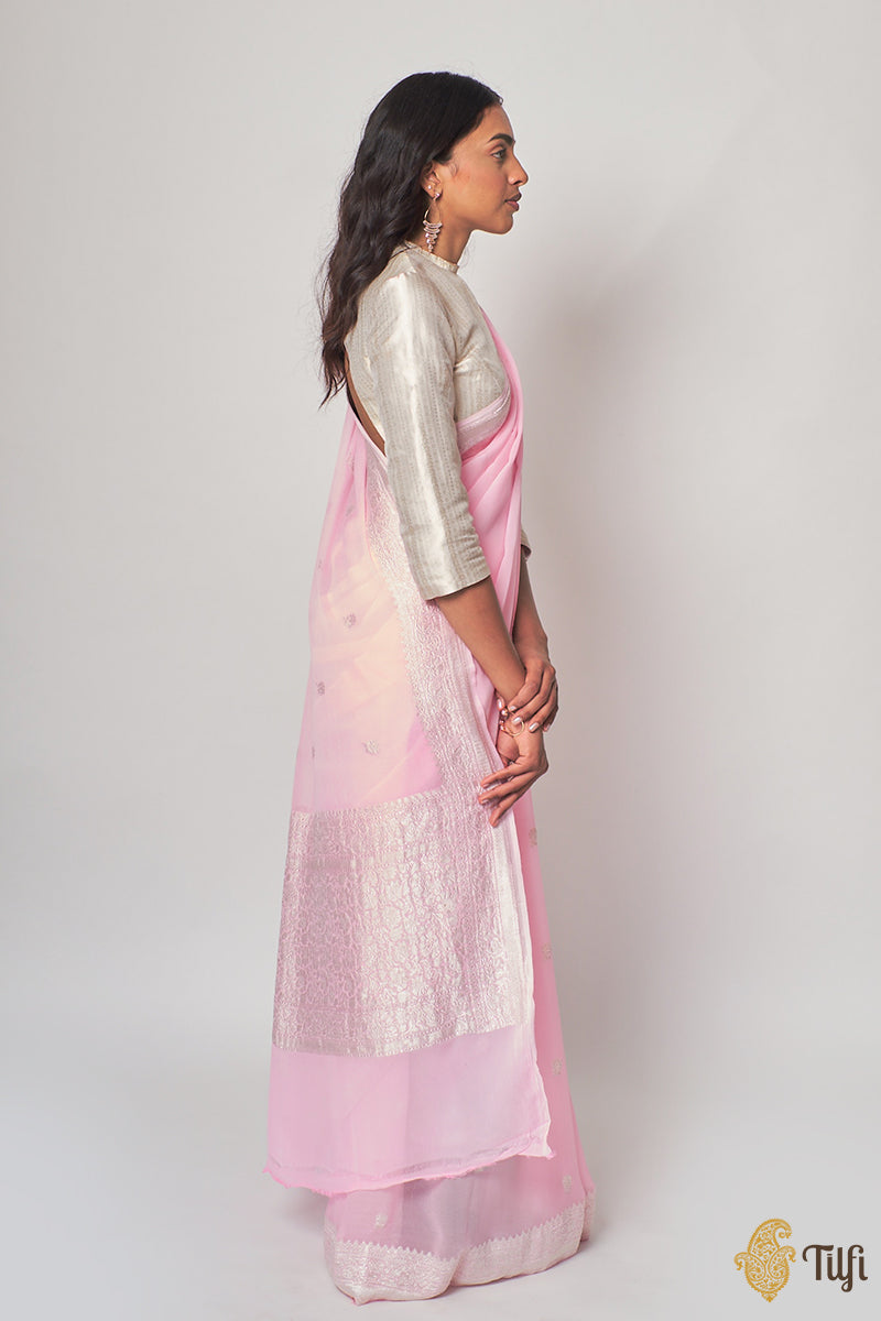 Blush Pink Pure Khaddi Georgette Banarasi Handloom Kadwa Silver Saree
