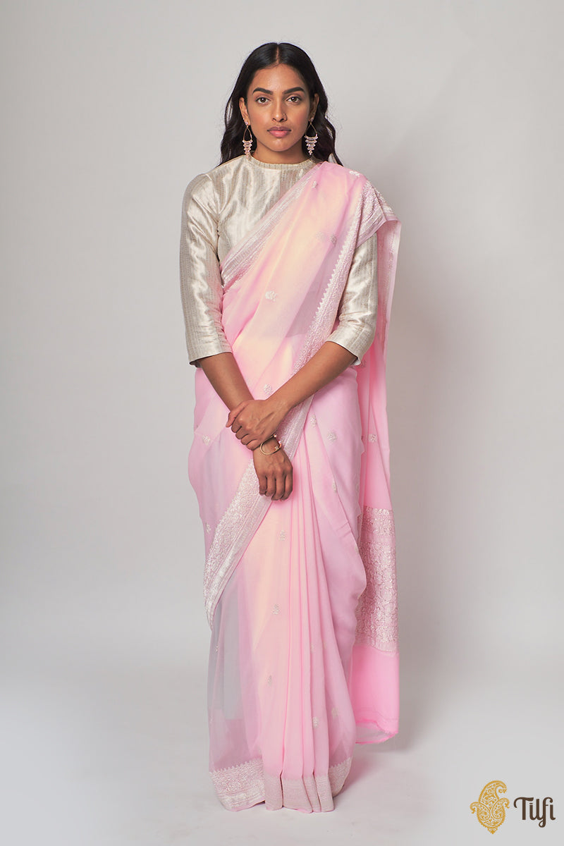 Blush Pink Pure Khaddi Georgette Banarasi Handloom Kadwa Silver Saree