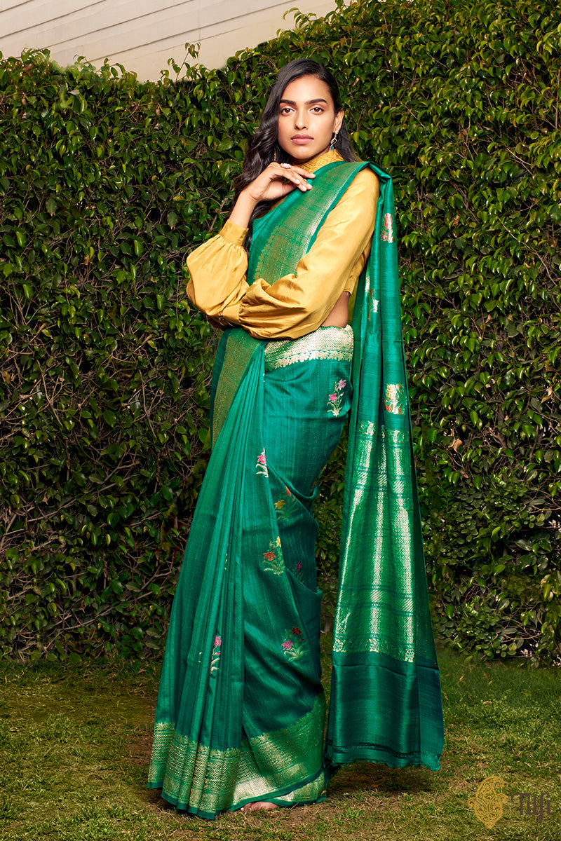Deep Green Pure Tussar Georgette Silk Banarasi Handloom Saree